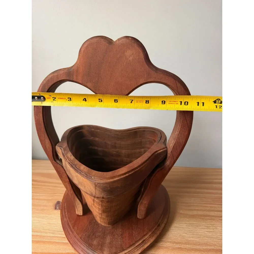 Vintage Artisan Carved Wood Folding Collapsible Heart Shaped Bowl Basket